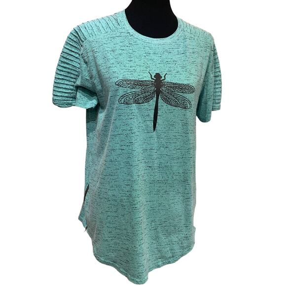 Hand Printed Upcycled Womens Medium Dragonfly Short Sleeve Mint Green Tee - Picture 1 of 2